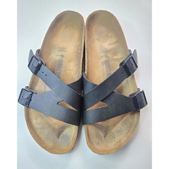 Birkenstock Yao Birko-Flor Black Leather Strap Buckle Sandals Womens 11 Mens 9 - Picture 1 of 8